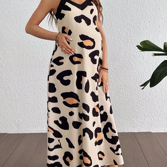 Multicolor Casual Women's Loose Maternity Leopard Print Camisole V-Neck Dress - Picture 3 of 5